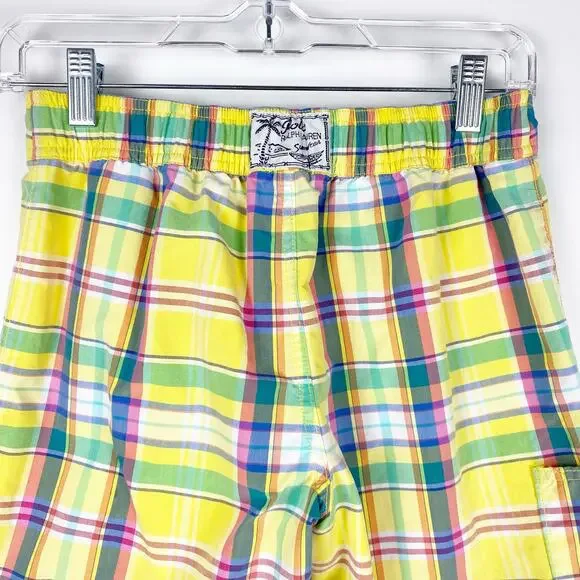 Polo Ralph Laurent Plaid Swim Trunks Preppy Pockets Yellow Plaid Boys Size Med - Picture 9 of 12